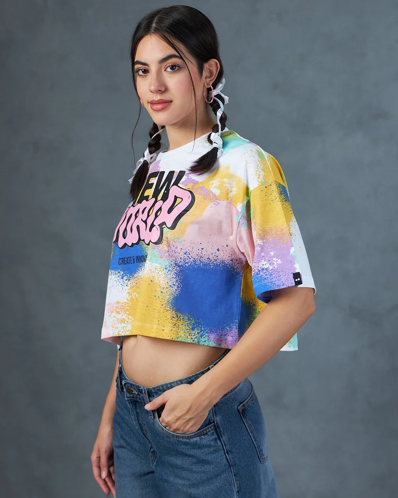 بيواكوف Women's White & Yellow New World All Over Printed Oversized Crop T-shirt